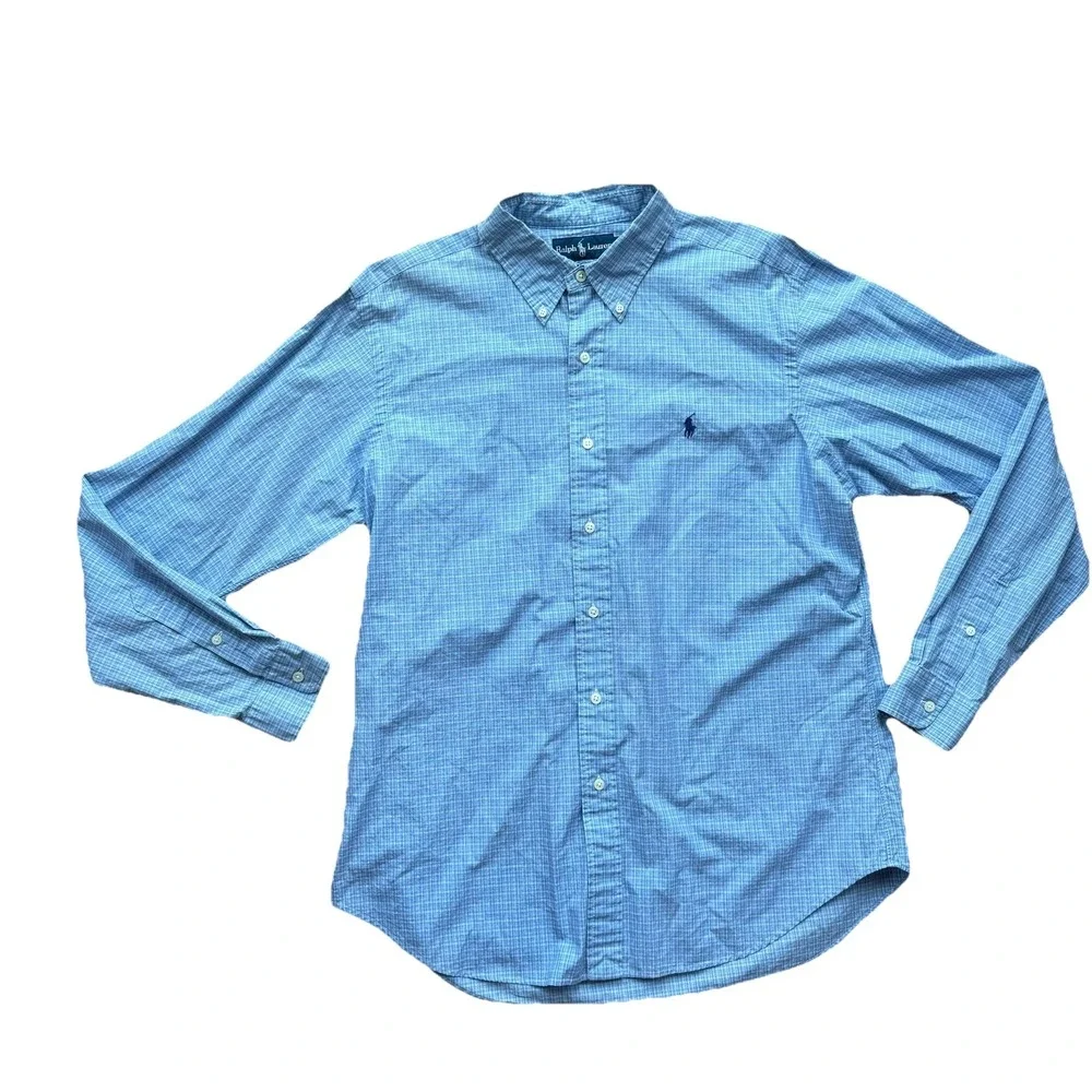 Mens Ralph Lauren Button Down Dress Shirt Blue‎ Checkered Horse Polo Logo Sz L